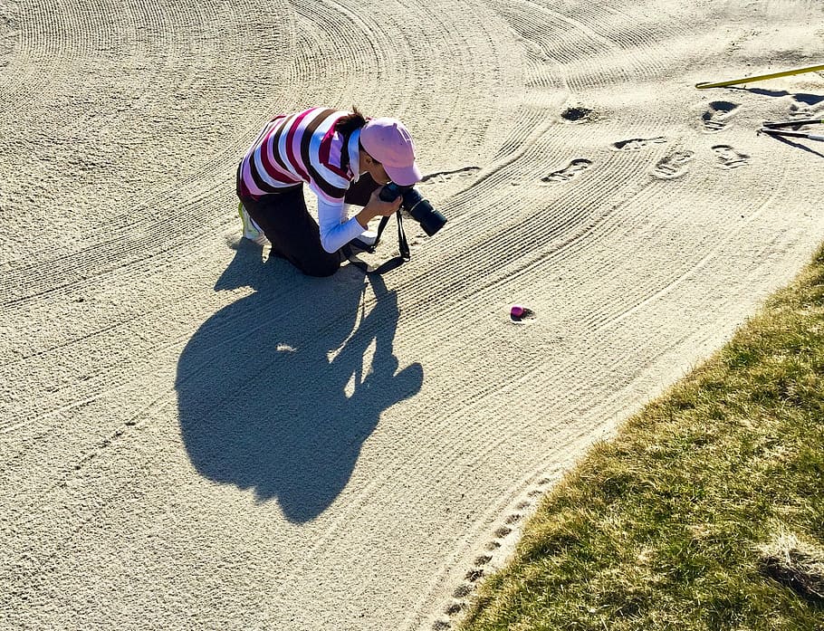 woman, taking, sand, golf, sport, photographer, game, golfer, ball, field