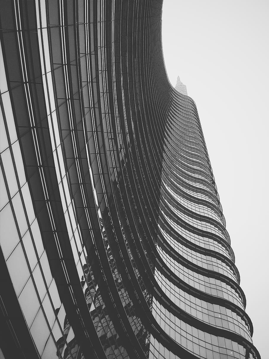 building, architecture, tower, high rise, windows, city, urban, black and white, built structure, sky