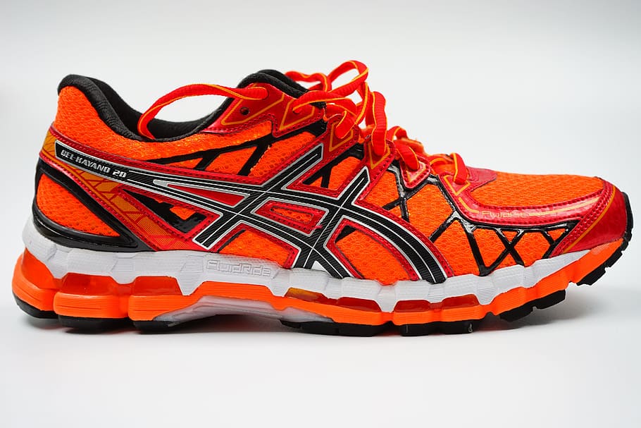 unpaired, red, black, running, shoe, white, background, red and black, ASICS, running shoe