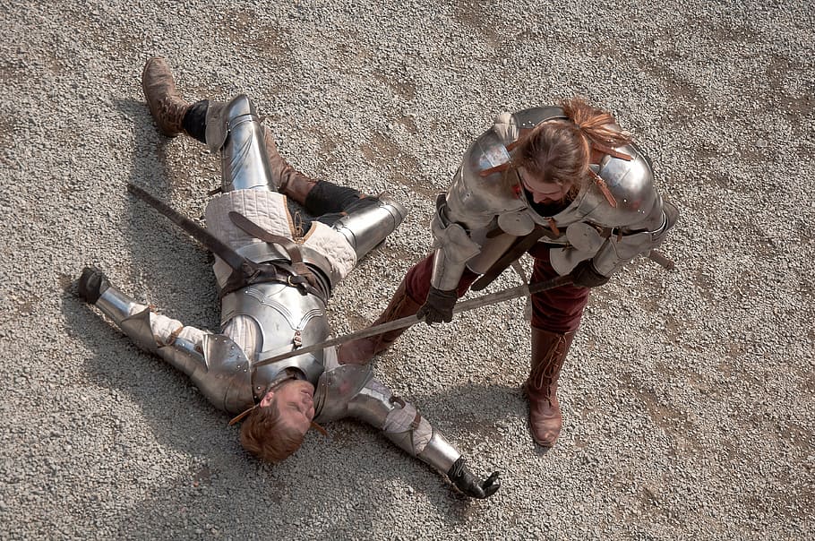 two knights fighting, fencing, swords, battle, history, historical costume, costume, armor, fantasy, lying down