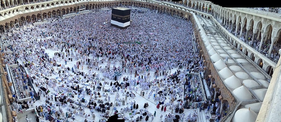 kaaba mecca, mecca, saudi arabia, kaaba, holy, crowd, group of people, large group of people, high angle view, architecture