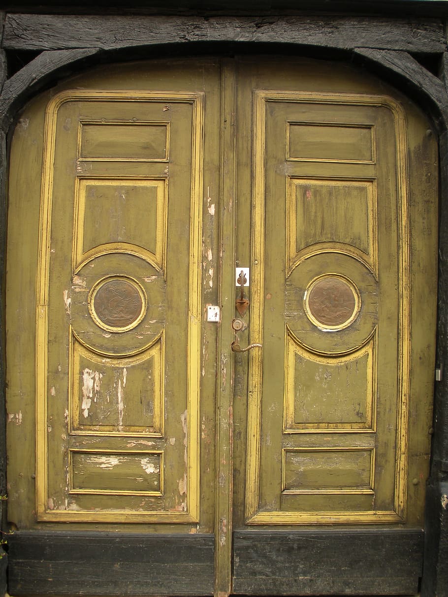 Old, Door, Century, Panels, Yellow, old door, 1700, green, worn, half-timbered frame