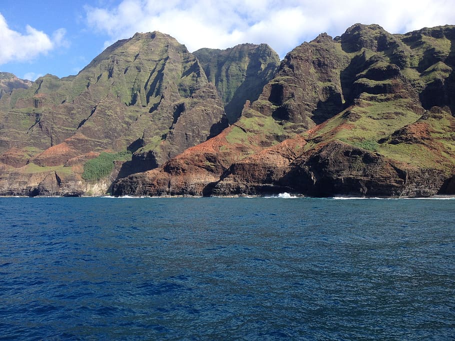 Océano, agua, paisaje, escénico, acantilado, costa, costa napali, kauai, hawaii, costa de hawaii