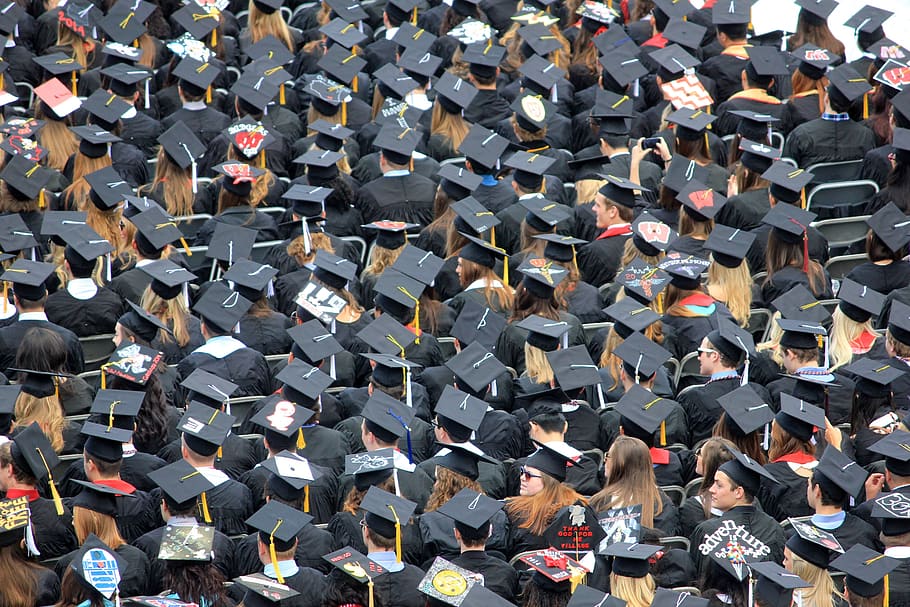 comienzo, graduación, ceremonia, gorras, vestidos, estudiantes, colegio, universidad, educación, aprendizaje