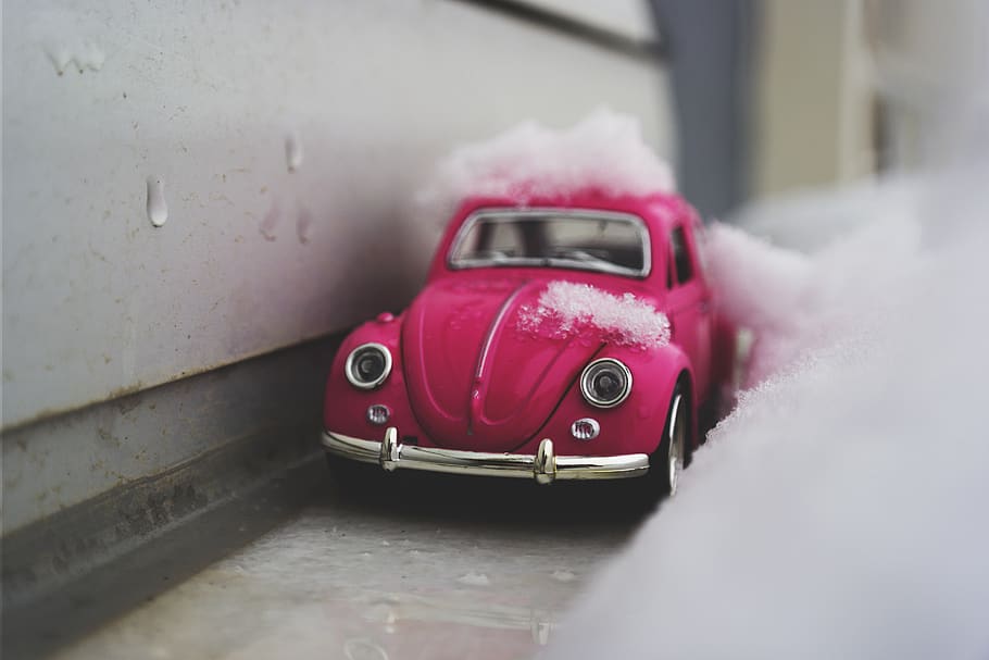 pink, car, vehicle, toy, snow, winter, mode of transportation, motor vehicle, land vehicle, transportation