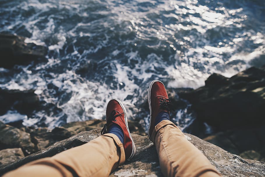 person, edge, sea cliff, feet, shoes, footwear, relax, relaxation, legs, pants