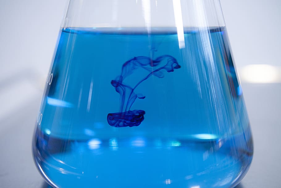 química, laboratório, produto químico, ciência, experiência, teste, líquido, vidro, azul, material de vidro