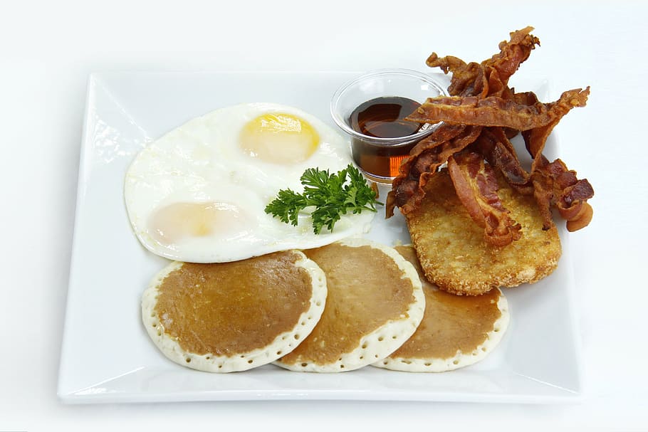 baked, pancake, egg, fried, bacon, square, white, ceramic, plate, american breakfast