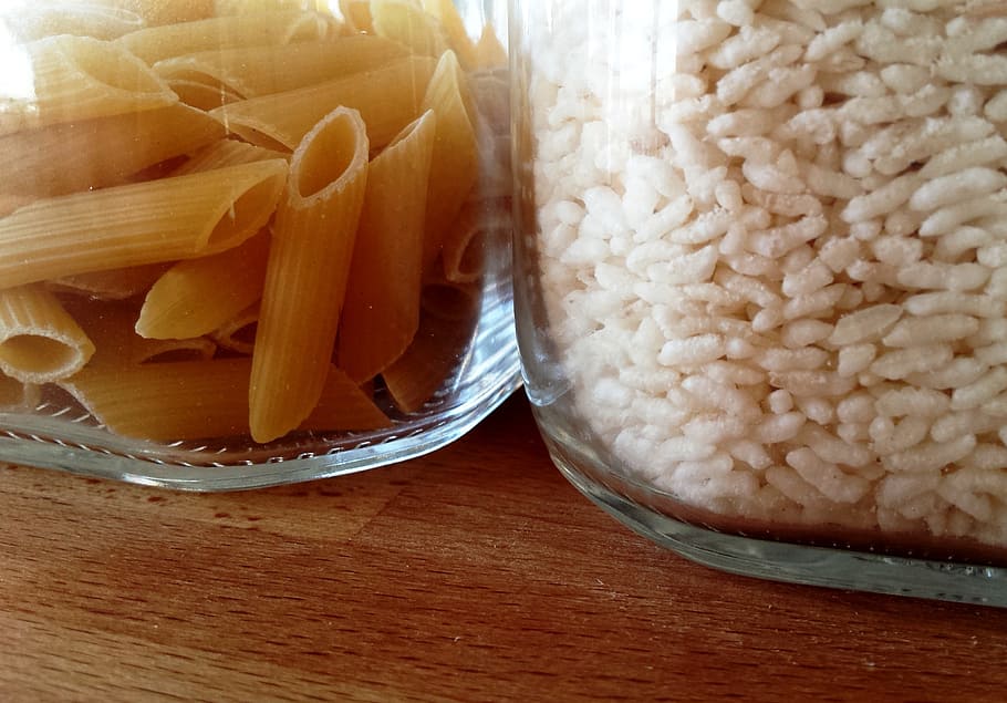 pasta, grain, clear, glass jars, penne, white, rice, carbs, food, ingredients