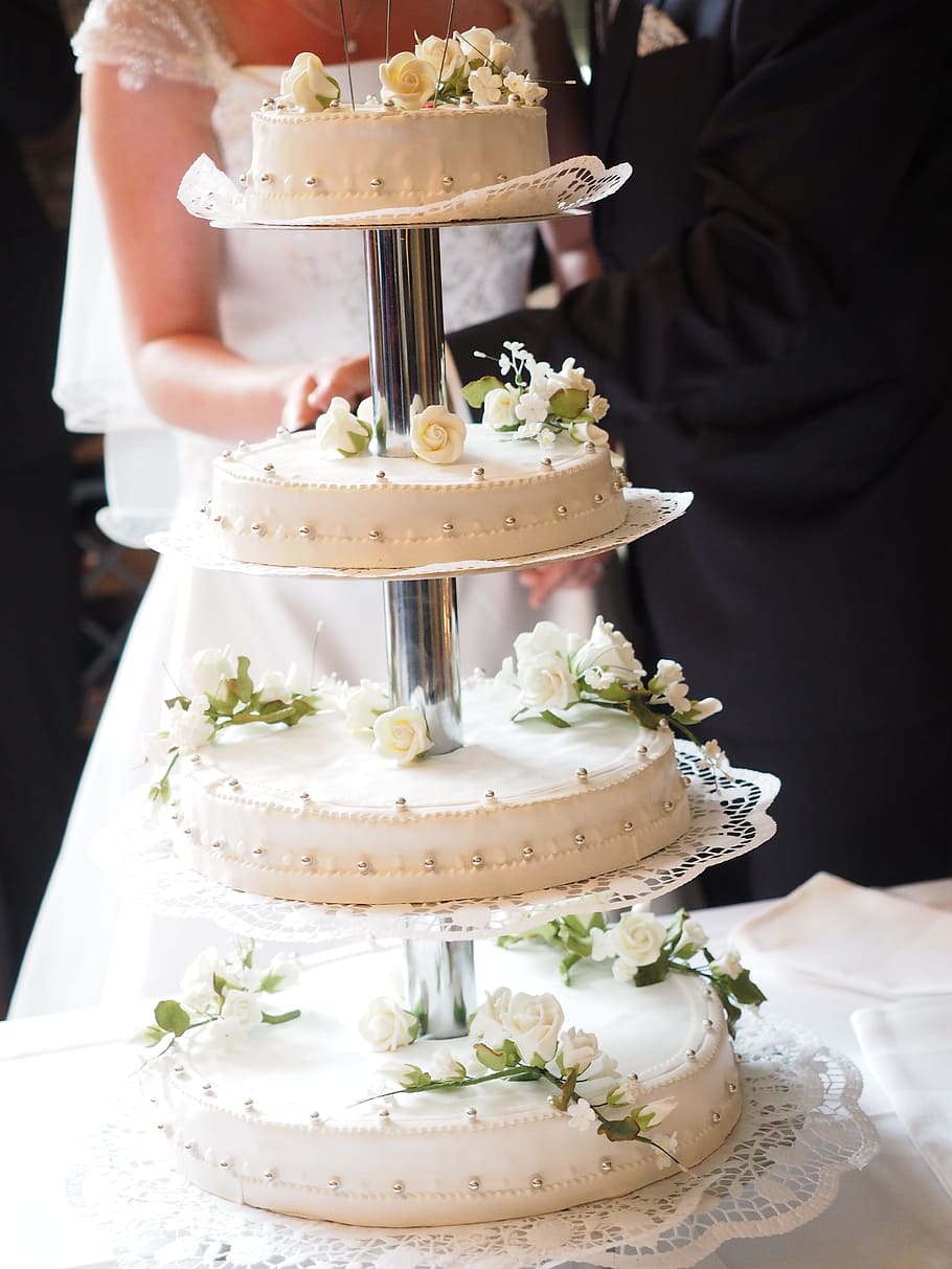 4層式ウェディングケーキ, 層状, ケーキ, ゲート, タッピング, 結婚, 甘い, おいしい, デザート, 結婚式