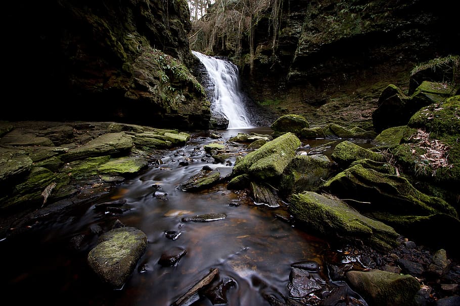 waterfalls, waterfall, hareshaw linn, northumberland, uk, water, rocks, moss, nature, england