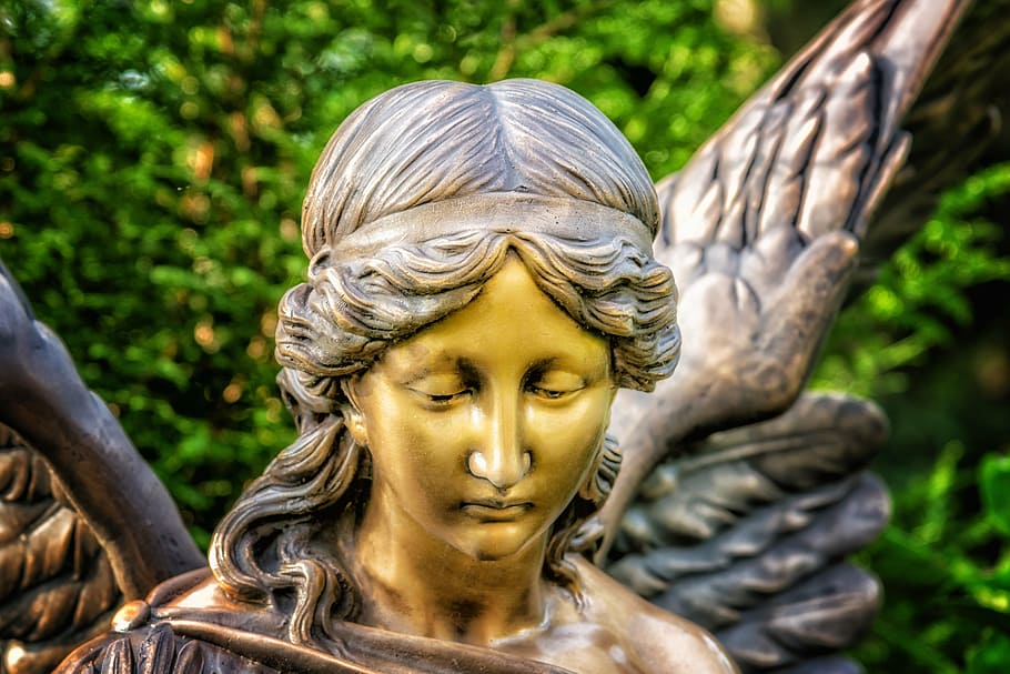 brass-colored statue, angel, sculpture, figure, close, face, angel figure, mourning, hope, faith
