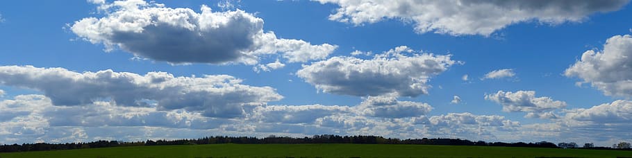 panorama photo, green, loan, cloudy, sky, daytime, clouds, panorama, landscape, blue sky