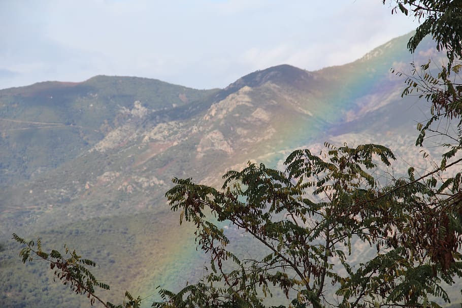 corsica, mountain, rainbow, corsican, beauty in nature, scenics - nature, mountain range, sky, tranquility, tranquil scene