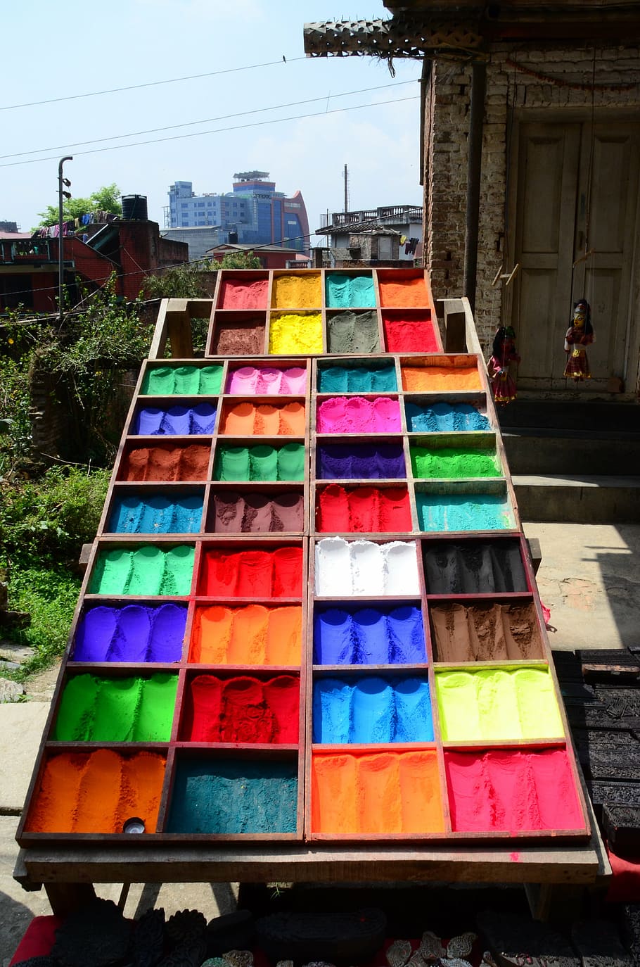 colors, pigments, festival, holly, nepal, multi colored, architecture, day, built structure, building exterior