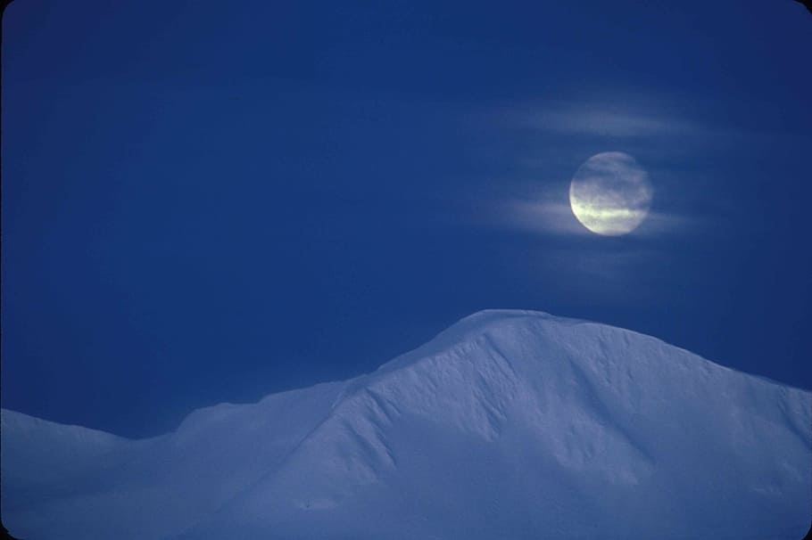 branco, montanha, completo, lua, nascer da lua, montanhas, neve, paisagem, tarde, crepúsculo