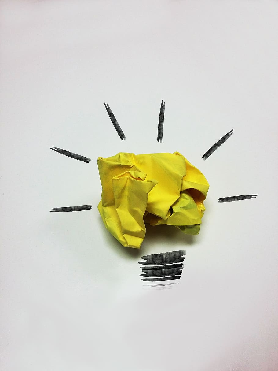 kuning, kertas, putih, permukaan, ide, cahaya, cerah, lampu, gambar, energi
