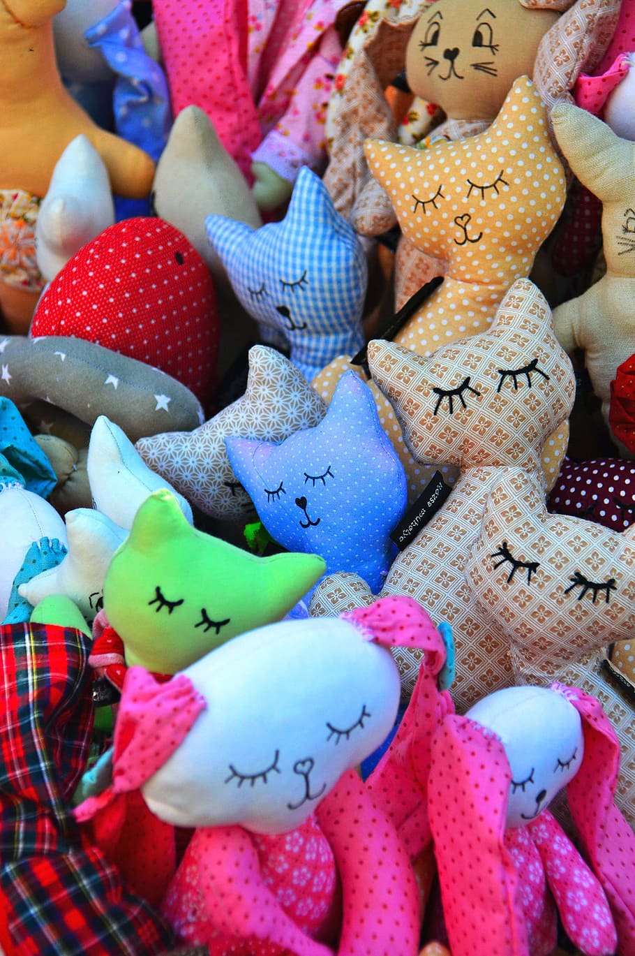 assorted-color cat, plush, toy lot, color, textile, civ was, design, puppets, arts and crafts, unique