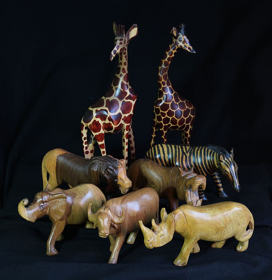 Kayu, Mainan, Suvenir, Afrika, Kenya, mainan kayu, hewan berukir, gajah, zebra, kerbau