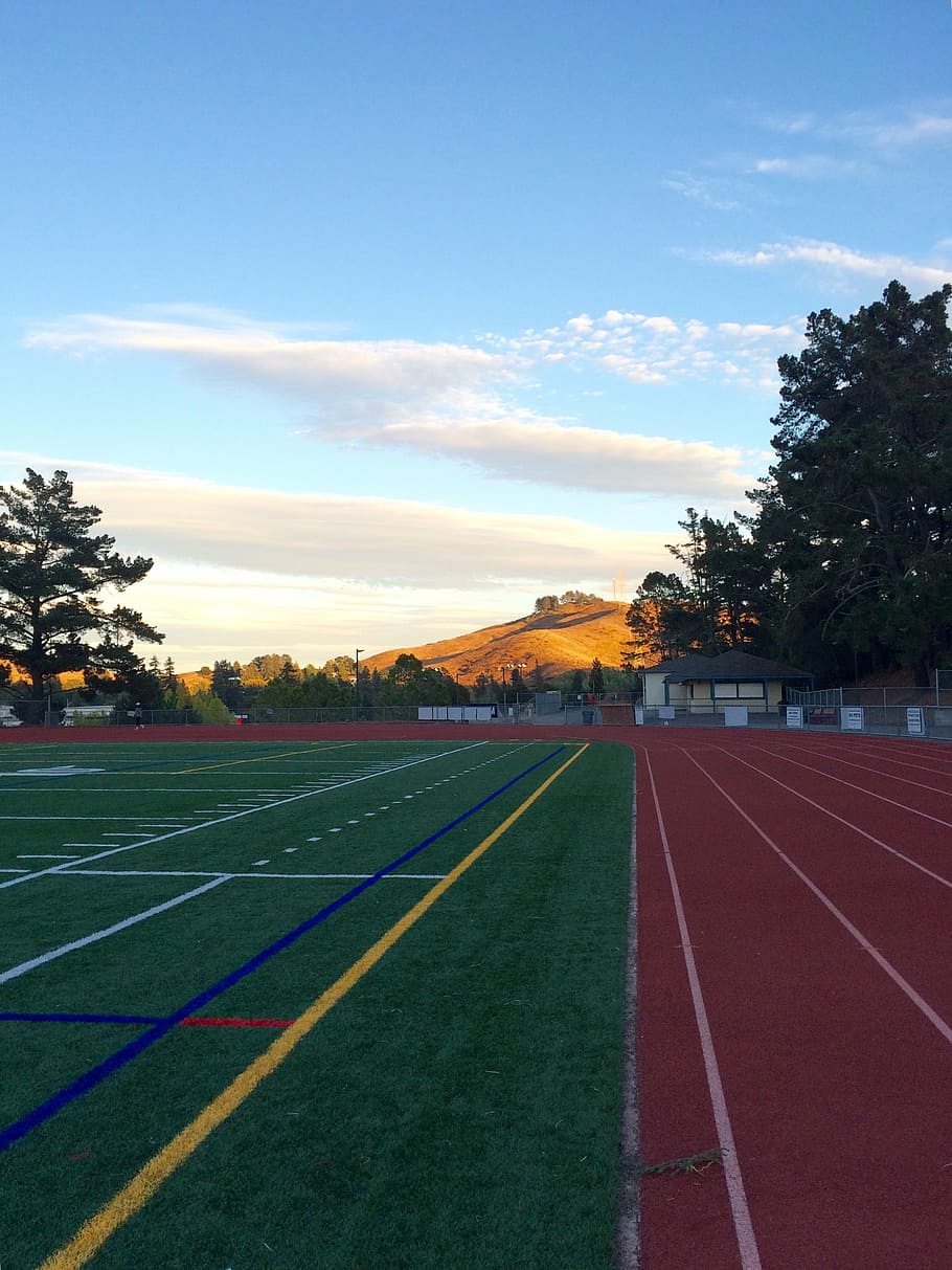 track and field, sunset, athletic field, field, track, race, path, athletic, sky, plant