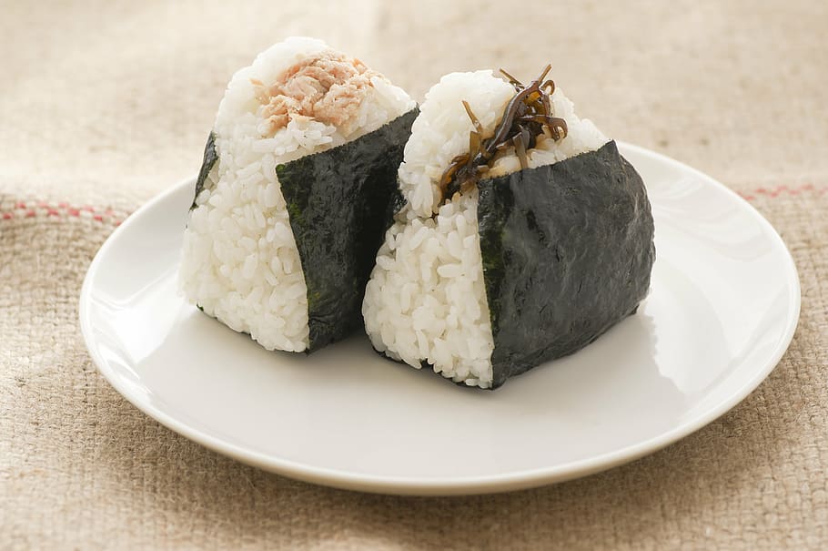 round, white, plate, rice, rice ball, food, diet, japan, japanese food, salmon