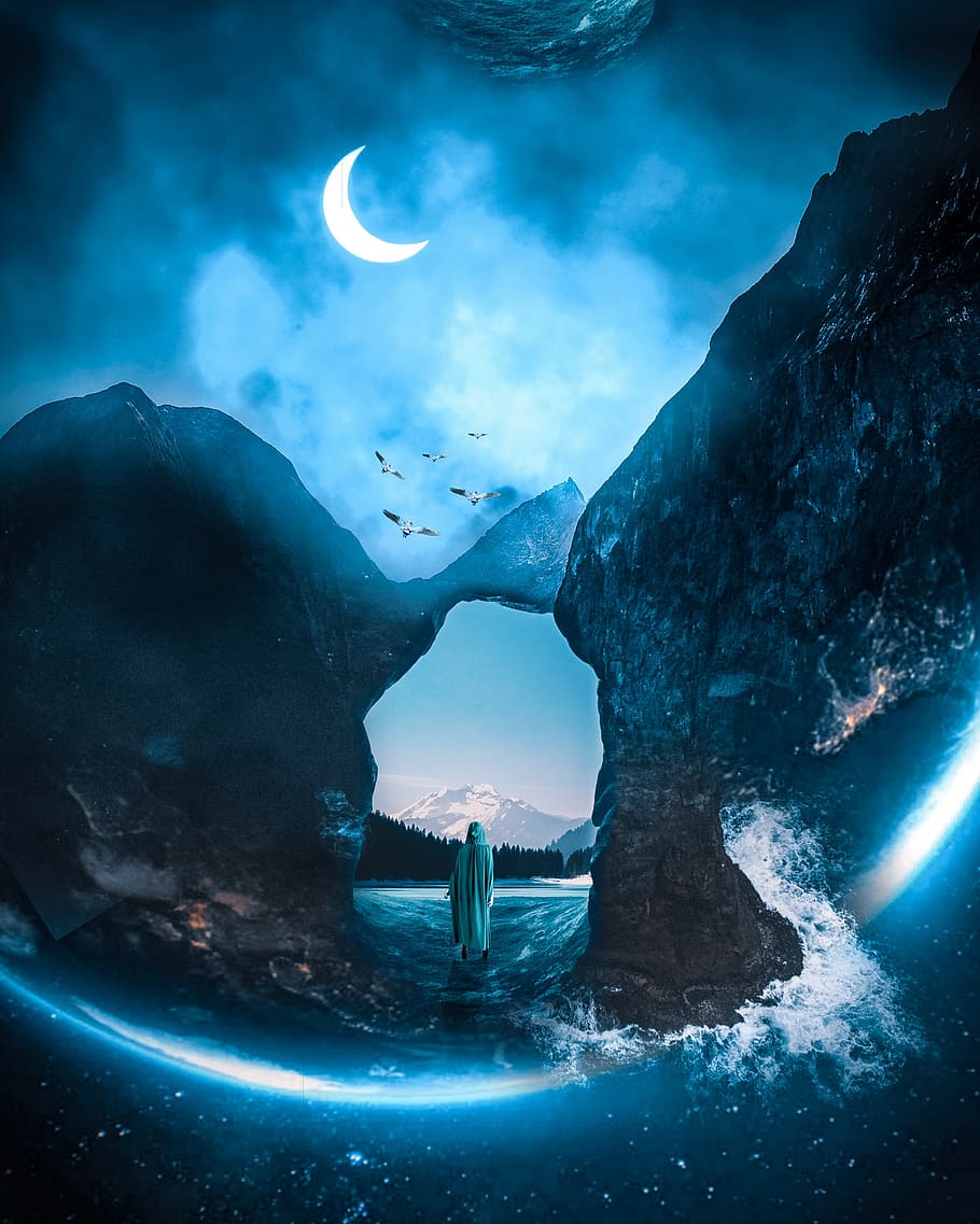 cave, moon, crescent, background, shop, fantasy, mountains, fog, landscape, night
