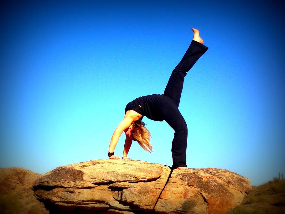 woman, yoga post, rock formation, yoga, backbend, blue sky, fitness, girl, stretching, sport