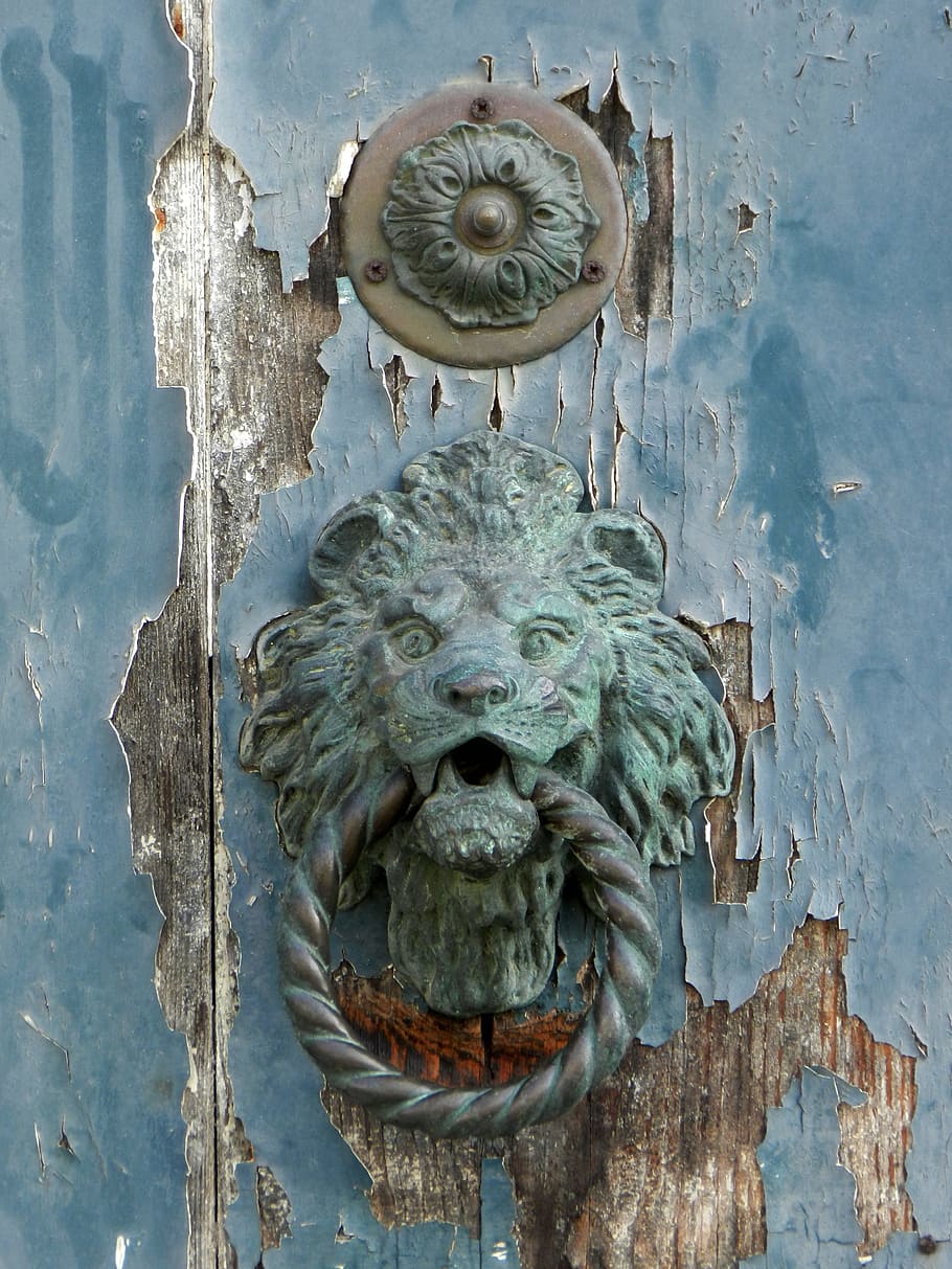 cyan lion, wrought, iron door knocker, cyan, lion, wrought iron, door knocker, door, blue, knocker