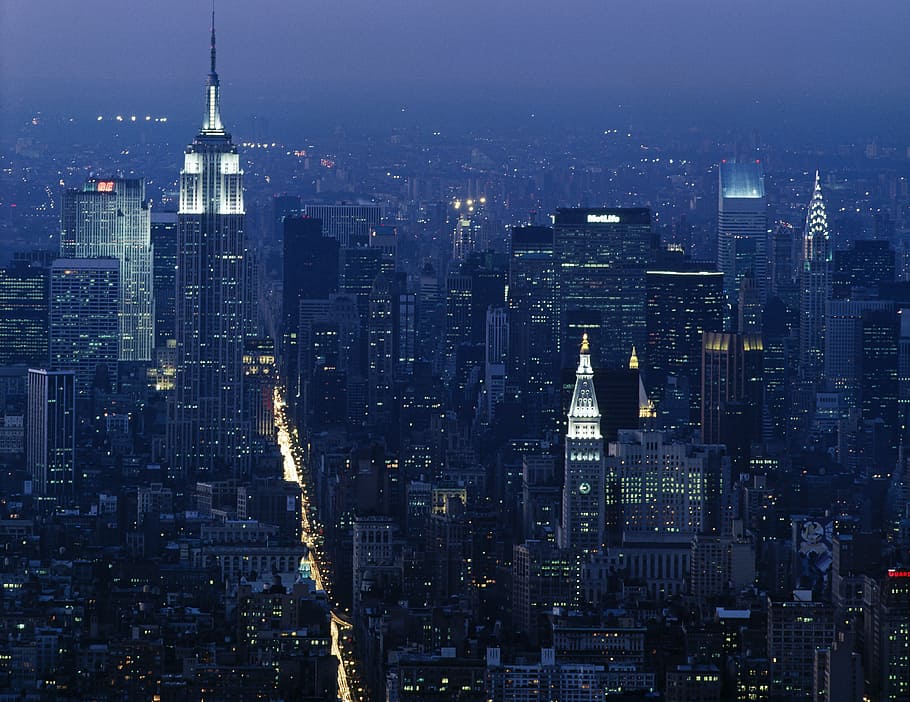 novo, horizonte de york, noite, nova york, manhattan, império, construção, arquitetura, arranha céu, urbano