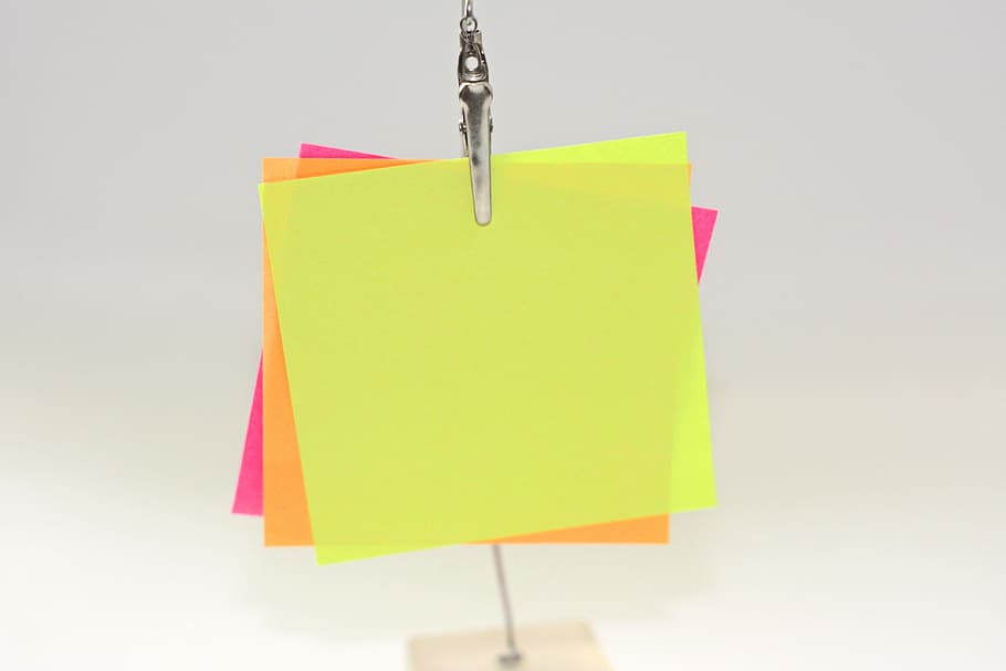 three, assorted-color papers, metal clip, sticky notes, notes, messages, contact, office, sticky note, message