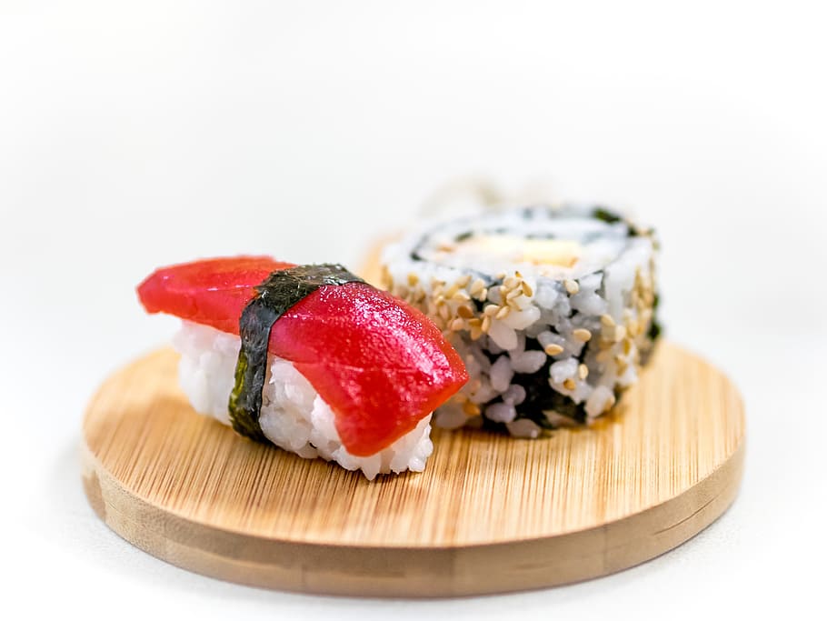 two, sushi slices, top, wooden, tray, sushi, sashimi, tuna, sesame, rice