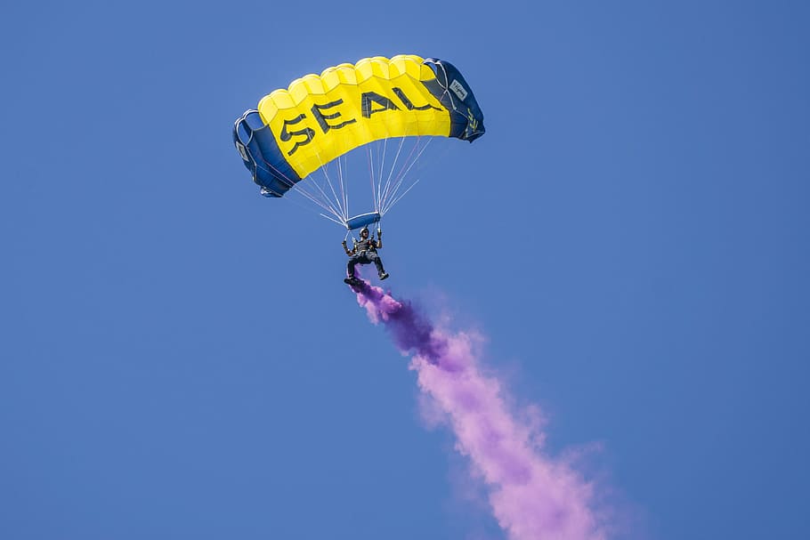parachute, paratrooper, navy seal, skydiving, parachutist, parachuting, extreme sports, sport, adventure, mid-air