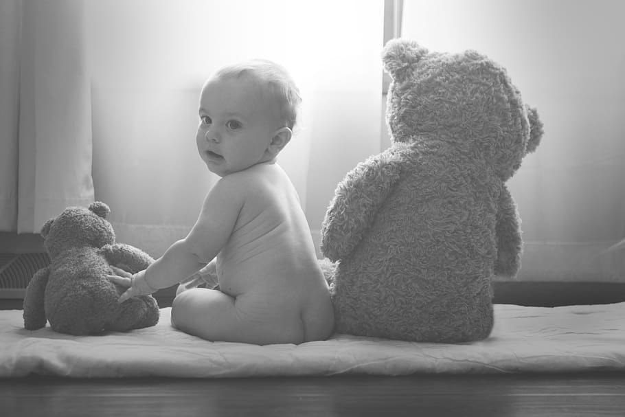 bed, room, stuff toy, teddy bear, black and white, baby, kid, toddler, young, toy
