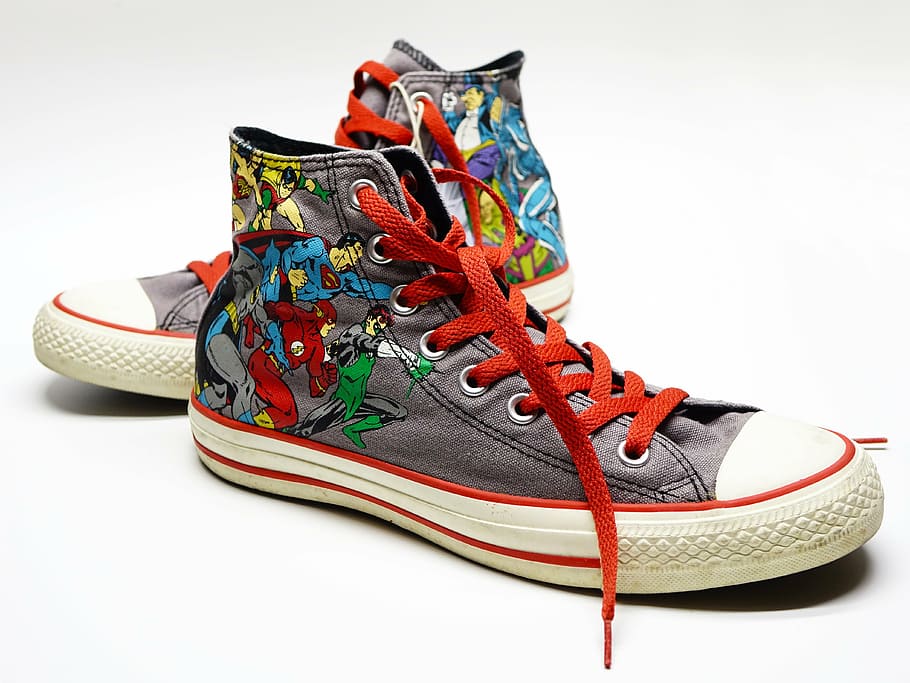 gray-and-multicolored high-top sneakers, shoe, canvas, sneakers, casual, converse, super hero, outdoors, foot, pair