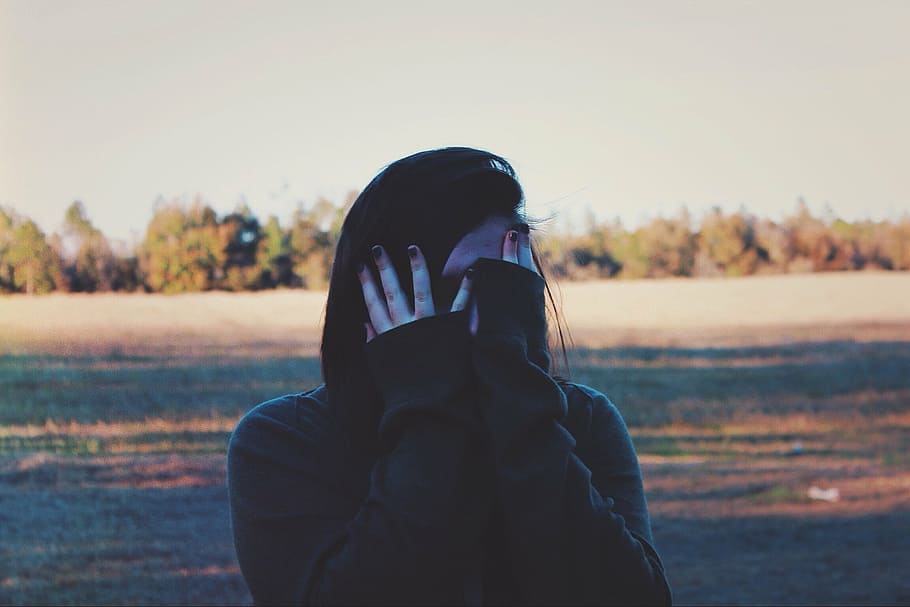 woman, covering, face, hands, black, jacket, people, alone, trees, woods
