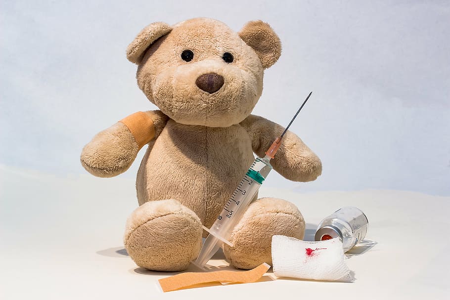 brown, bear, plush, toy, syringe, disposable syringe, needle, hypodermic syringe, vaccination, pension