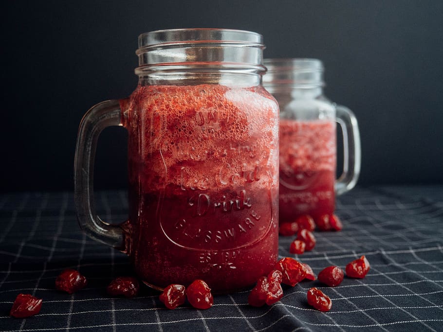 jar, mug, mason jars, cherries, dried, smoothie, drink, cold, sweet, summer