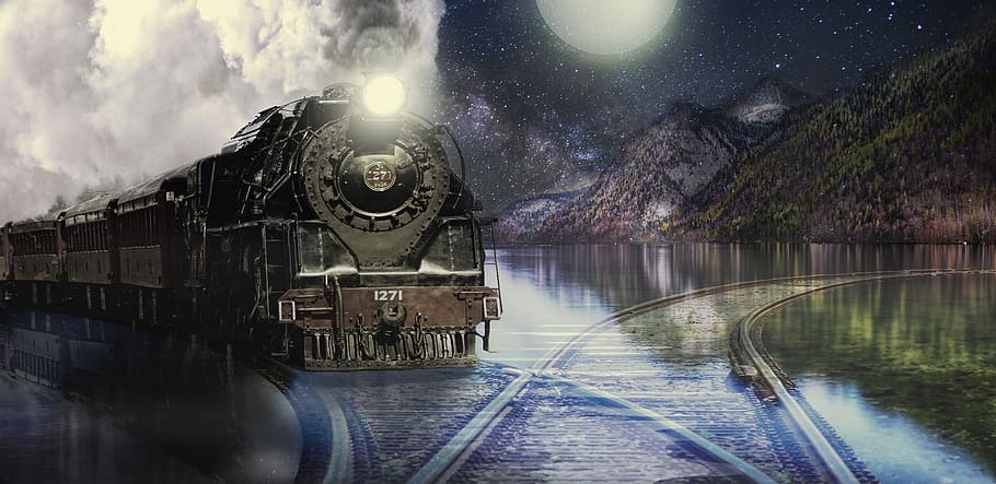 black train painting, loco, train, lake, seemed, locomotive, steam locomotive, mountains, fantasy, mirroring