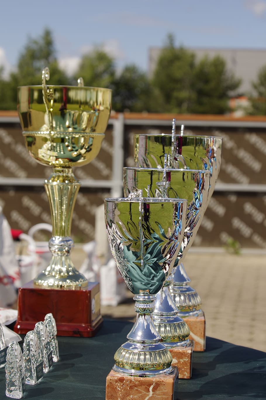 gold-colored trophies, prize, competition, trophy, award, achievement, success, focus on foreground, winning, day