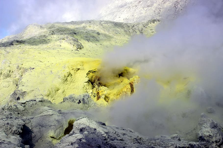 sulfur, steam, volcanic, new zealand, white island, activity, geology, smoke - physical structure, volcano, landscape