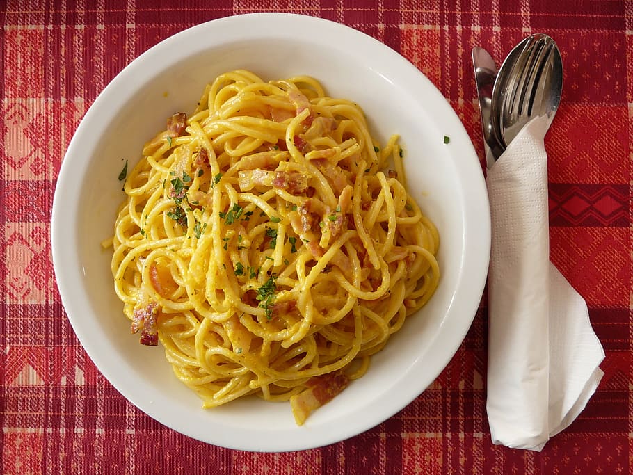 cooked, noodle food, white, bowl, spaghetti carbonara, pasta, spaghetti, cabonara, noodles, italy