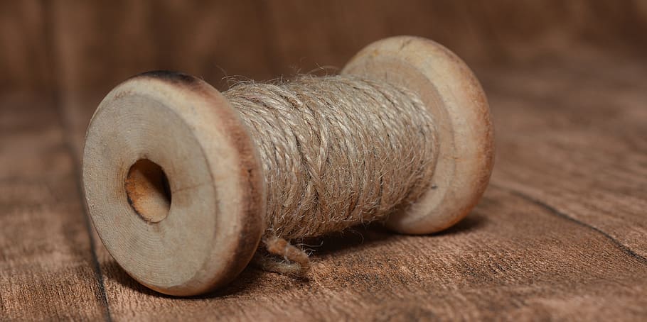 beige, string, spool, coil, wooden reel, yarn, jute wool, close, wood - material, close-up