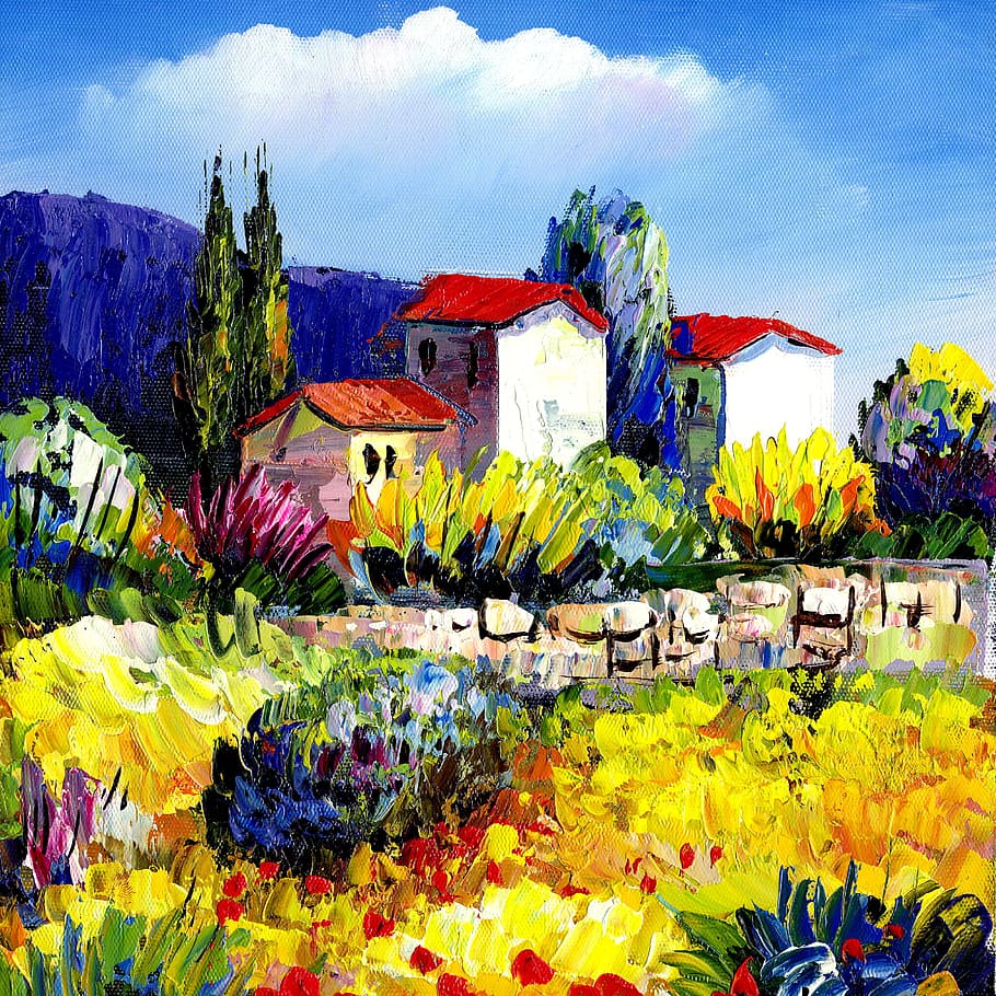 yellow, flower field, white, house painting, paintings, oil painting, countryside, multi colored, plant, flower