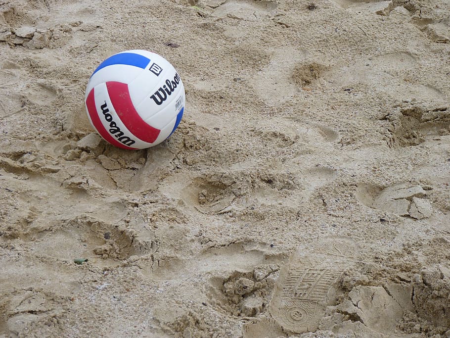 white, red, wilson volleyball, sand, volleyball, beach volleyball, ball, beach, sport, game