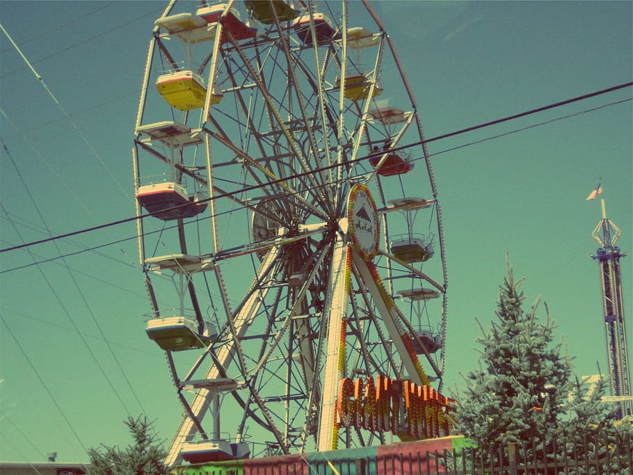 cinza, roda gigante, roda, azul, céu, multicolorido, feira, diversão, parque de diversões, passeio