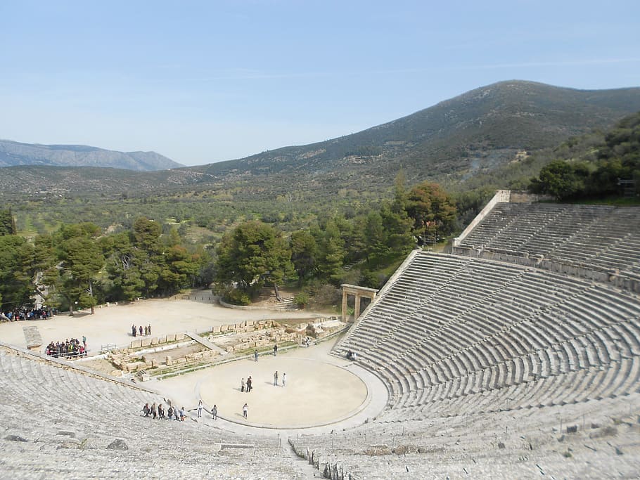 theatre of epidaurus, greece, sanctuary of asklepios, antique, tradition, history, remains, mountain, sky, day