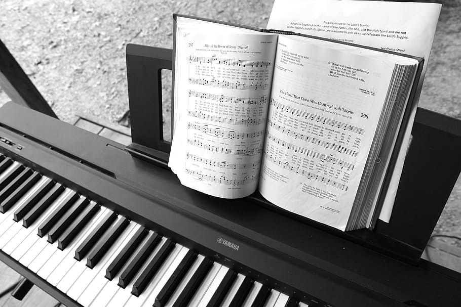 piano, electric piano, music, keyboard, christian, hymn, hymnal, christian music, black and white, paper