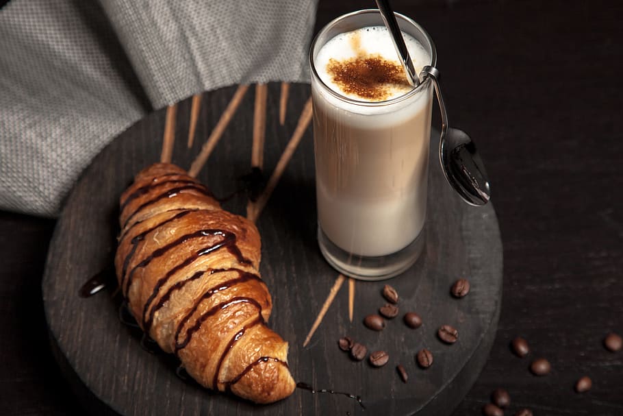 croissant bread, capuccino, breakfast, caffeine, cappuccino, chocolate, coffee, cup, dark, dawn