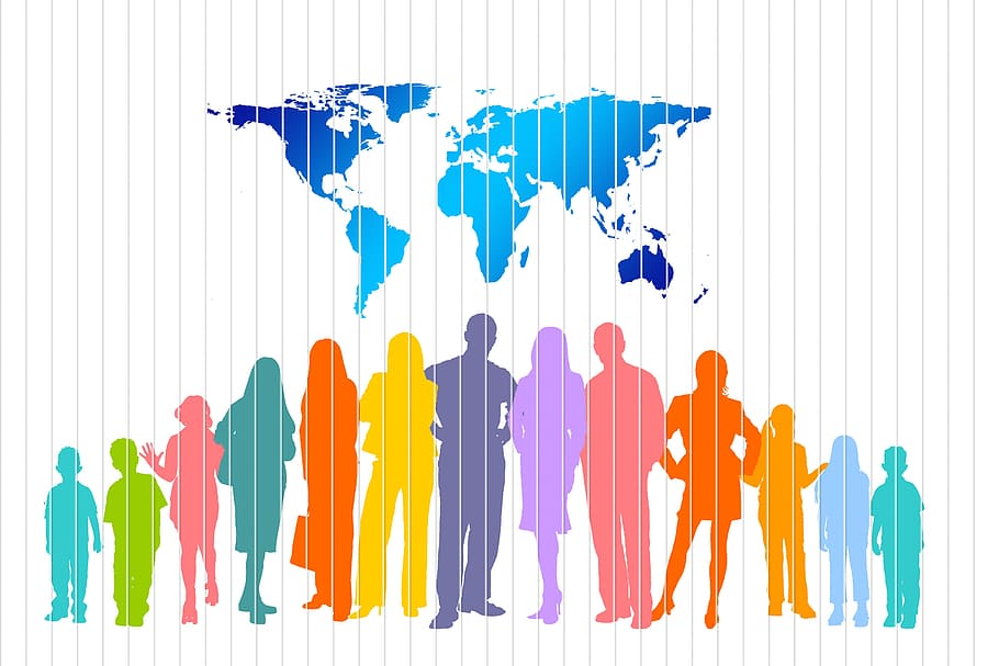 group, people, world map, crowd, human, continents, globe, world, earth, silhouettes