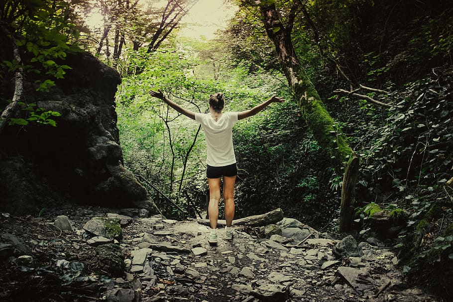 woman, white, shirt, black, shorts, stands, middle, forest, adventure, back view